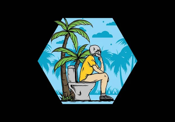 Skeleton Man Sit Outdoor Toilet Illustration Drawing Design — Stock Vector
