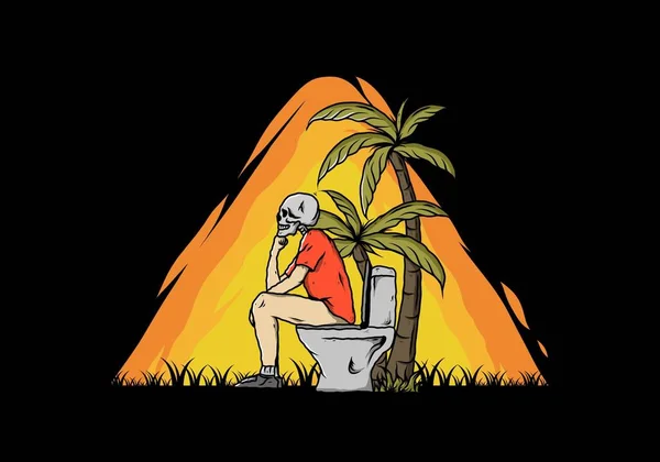 Scheletro Uomo Sedersi Esterno Toilette Illustrazione Disegno Disegno — Vettoriale Stock