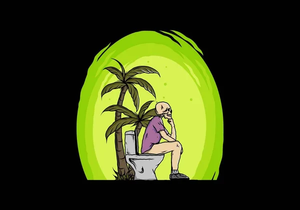 Skeleton Man Sit Outdoor Toilet Illustration Drawing Design — Stock Vector