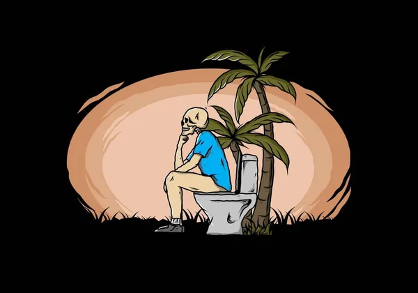 Skeleton Man Zitten Outdoor Toilet Illustratie Tekening Ontwerp — Stockvector