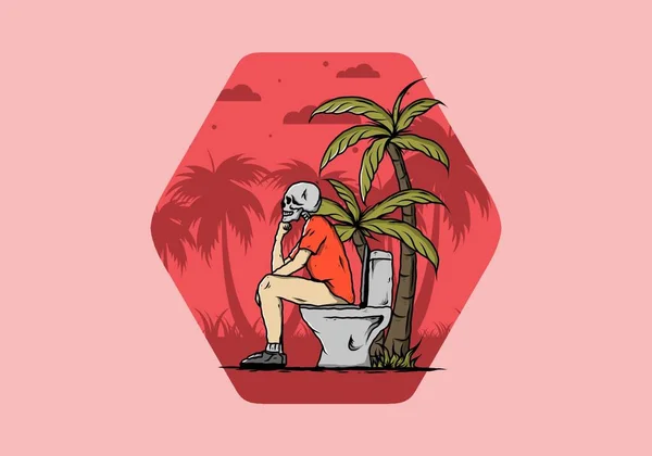 Scheletro Uomo Sedersi Esterno Toilette Illustrazione Disegno Disegno — Vettoriale Stock