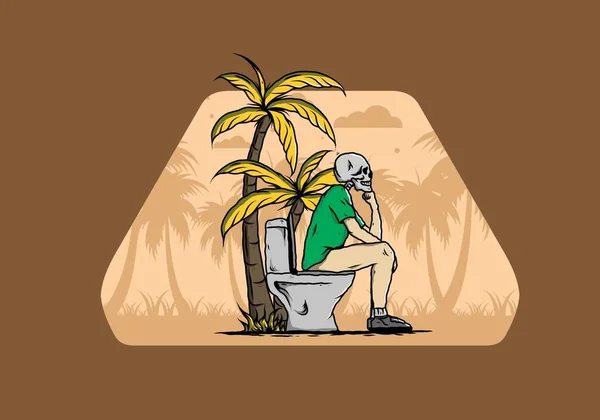 Skelet Adam Açık Havada Tuvalet Çizimi Tasarımı Üzerine Oturur — Stok Vektör