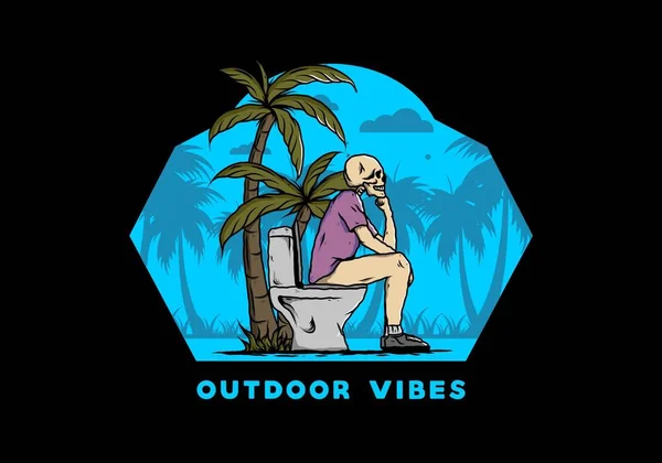 骷髅人坐在室外厕所插画设计上 — 图库矢量图片