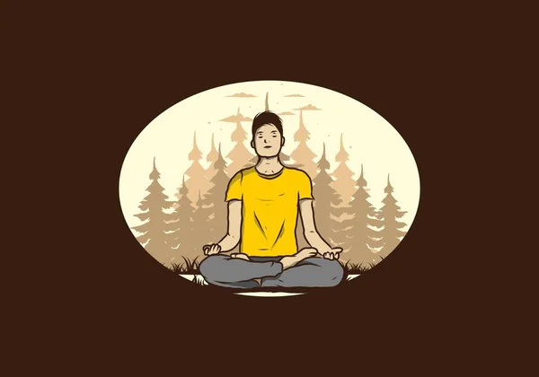 一个人在大自然的森林里 在松树丛中做瑜伽和冥想的生动的插图设计 — 图库矢量图片