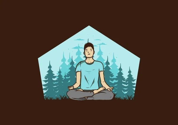 一个人在大自然的森林里 在松树丛中做瑜伽和冥想的生动的插图设计 — 图库矢量图片