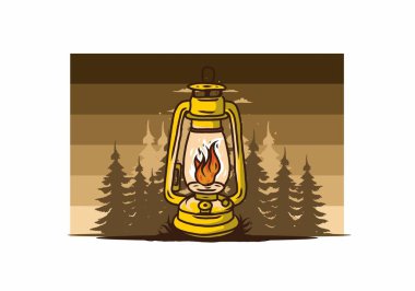 Çam ağaçları arasında alev saçan renkli dış fener tasarımı.