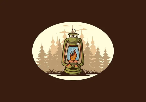 Colorida Linterna Vintage Aire Libre Con Llama Fuego Entre Pinos — Vector de stock