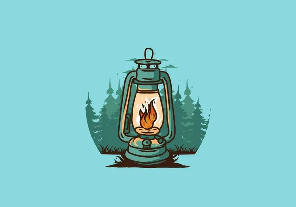 松の木の絵のデザインの間に火の炎とカラフルなヴィンテージ屋外ランタン — ストックベクタ