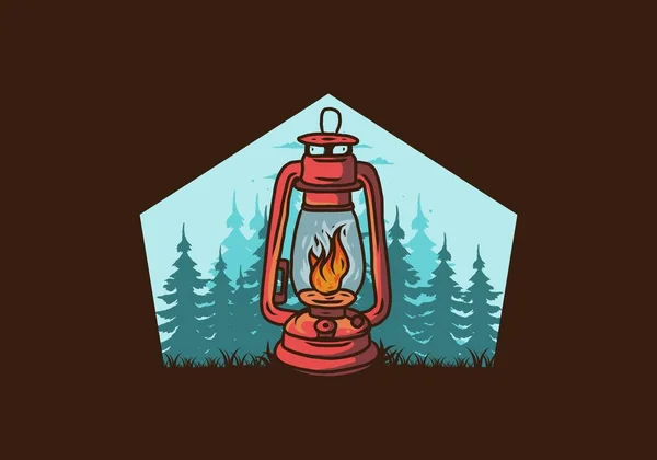 Bunte Vintage Outdoor Laterne Mit Feuerflamme Zwischen Kiefern Illustration Design — Stockvektor