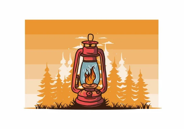 Colorida Linterna Vintage Aire Libre Con Llama Fuego Entre Pinos — Vector de stock