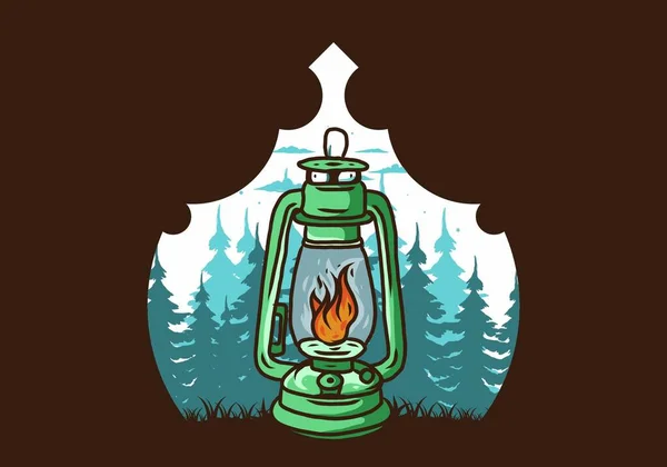 Colorida Linterna Vintage Aire Libre Con Llama Fuego Entre Pinos — Vector de stock