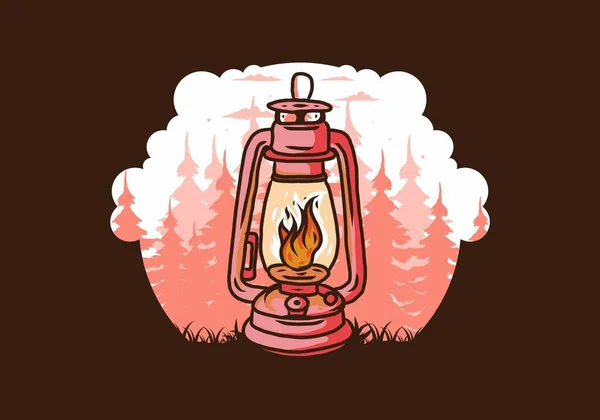 Bunte Vintage Outdoor Laterne Mit Feuerflamme Zwischen Kiefern Illustration Design — Stockvektor