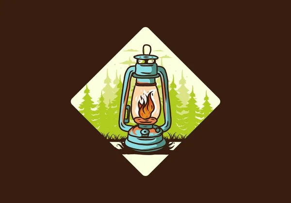 Colorida Linterna Vintage Aire Libre Con Llama Fuego Entre Pinos — Vector de stock