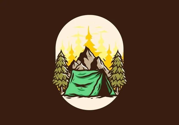 Кемпинг Палатка Перед Горой Между Соснами — стоковый вектор