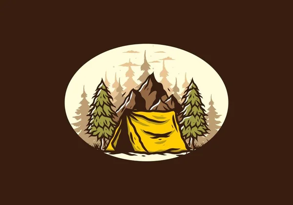 Illustration Tente Camping Devant Montagne Entre Les Pins — Image vectorielle