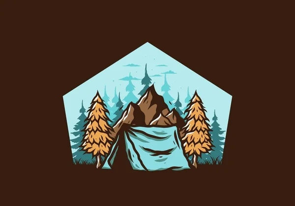 Illustration Tente Camping Devant Montagne Entre Les Pins — Image vectorielle