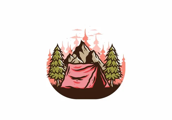 Ilustración Tienda Campaña Frente Montaña Entre Pinos — Vector de stock