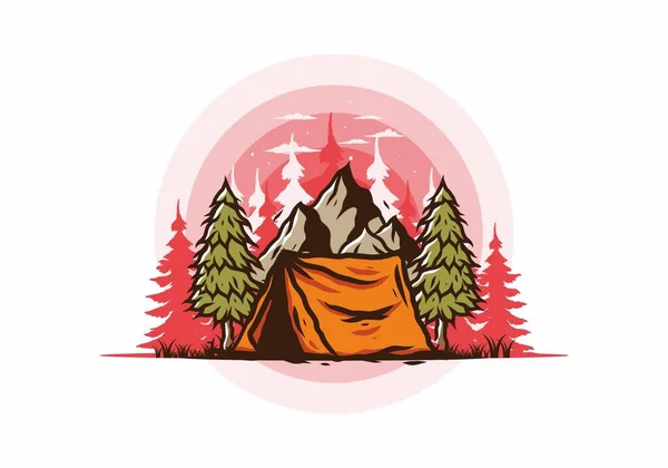 Illustration Campingtältet Framför Berget Och Mellan Tallar — Stock vektor