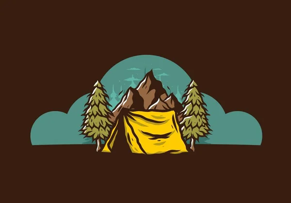 Illustration Tente Camping Devant Montagne Entre Les Pins — Image vectorielle