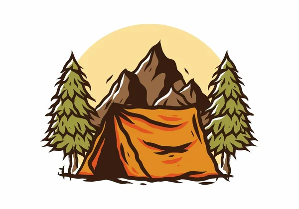 Illustration Camping Tent Front Mountain Pine Trees — Stock Vector