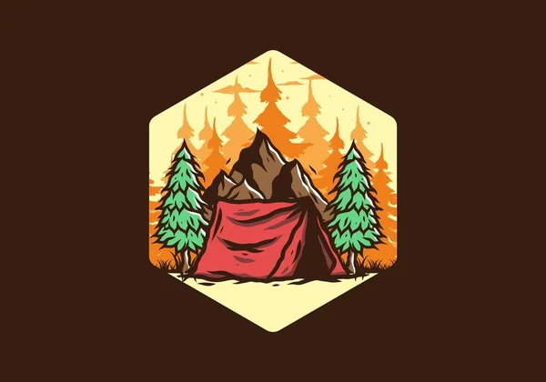 Illustration Tente Camping Devant Montagne Entre Les Pins — Image vectorielle