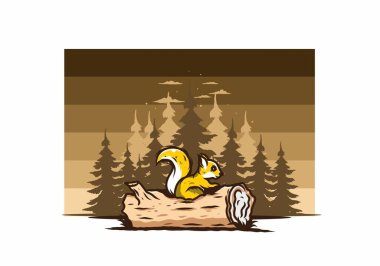 Ölü bir ağaç gövdesinde saklanan yalnız sincap çizimi