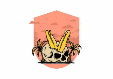 Hindistancevizi ağaçlarının arasına sıkışmış sörf tahtasının renkli tasarımı