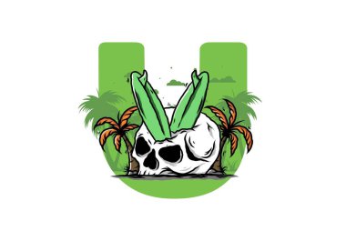 Hindistancevizi ağaçlarının arasına sıkışmış sörf tahtasının renkli tasarımı