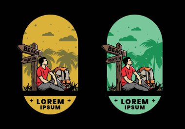 Sahile ve dağa giden yolun yanında oturan bir adam tasviri