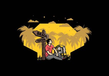 Sahile ve dağa giden yolun yanında oturan bir adam tasviri