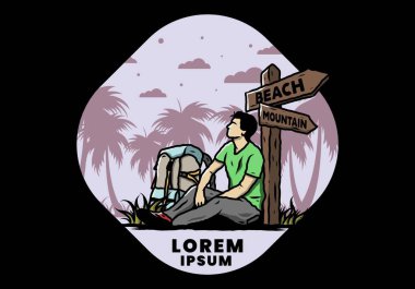 Sahile ve dağa giden yolun yanında oturan bir adam tasviri