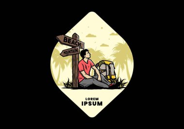 Sahile ve dağa giden yolun yanında oturan bir adam tasviri