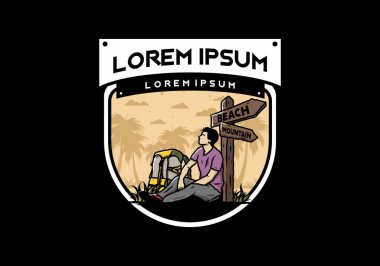 Sahile ve dağa giden yolun yanında oturan bir adam tasviri