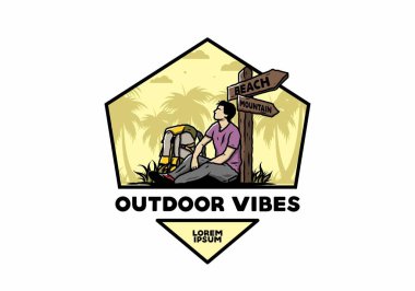 Sahile ve dağa giden yolun yanında oturan bir adam tasviri