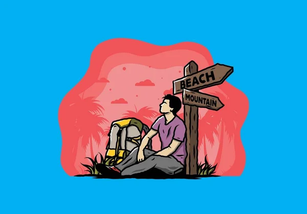 Ilustrace Muže Sedět Zemi Vedle Cesty Znamení Pláže Hory — Stockový vektor