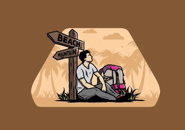 Ilustración Hombre Sentado Suelo Junto Señal Camino Playa Montaña — Archivo Imágenes Vectoriales