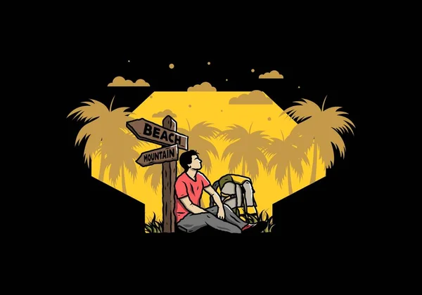 Ilustración Hombre Sentado Suelo Junto Señal Camino Playa Montaña — Vector de stock