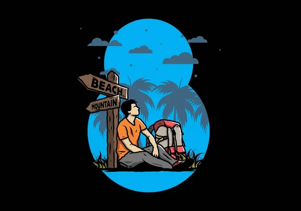 Иллюстрация Человека Сидящего Земле Рядом Дорогой Знак Пляжа Горы — стоковый вектор