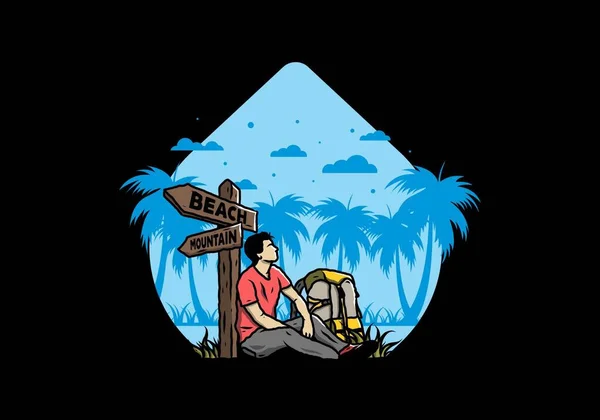 Иллюстрация Человека Сидящего Земле Рядом Дорогой Знак Пляжа Горы — стоковый вектор