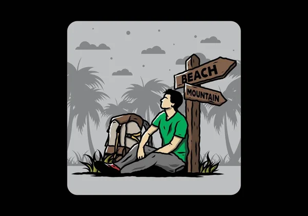 Ilustración Hombre Sentado Suelo Junto Señal Camino Playa Montaña — Vector de stock