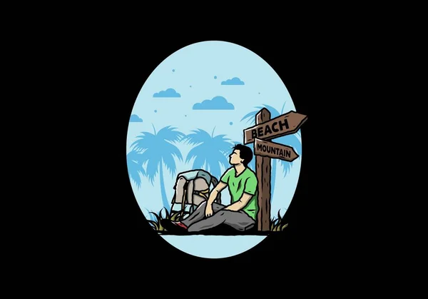 Ilustración Hombre Sentado Suelo Junto Señal Camino Playa Montaña — Vector de stock