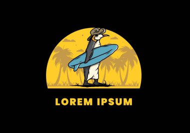 Hindistancevizi ağaçları arasında sörf tahtası taşıyan sevimli penguen tasviri