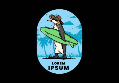 Hindistancevizi ağaçları arasında sörf tahtası taşıyan sevimli penguen tasviri