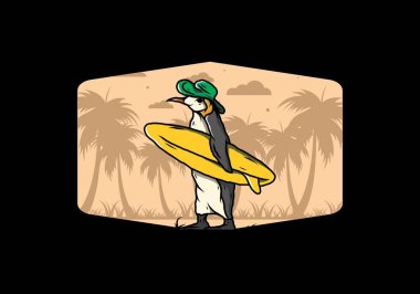 Hindistancevizi ağaçları arasında sörf tahtası taşıyan sevimli penguen tasviri