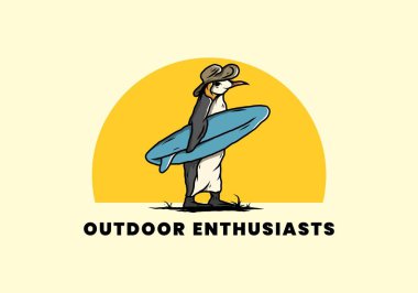 Hindistancevizi ağaçları arasında sörf tahtası taşıyan sevimli penguen tasviri