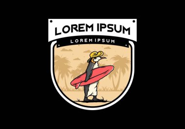 Hindistancevizi ağaçları arasında sörf tahtası taşıyan sevimli penguen tasviri