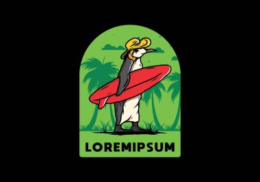 Hindistancevizi ağaçları arasında sörf tahtası taşıyan sevimli penguen tasviri