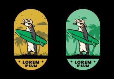 Hindistancevizi ağaçları arasında sörf tahtası taşıyan sevimli penguen tasviri