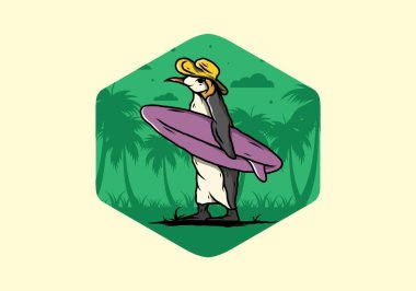 Hindistancevizi ağaçları arasında sörf tahtası taşıyan sevimli penguen tasviri