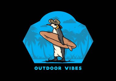 Hindistancevizi ağaçları arasında sörf tahtası taşıyan sevimli penguen tasviri